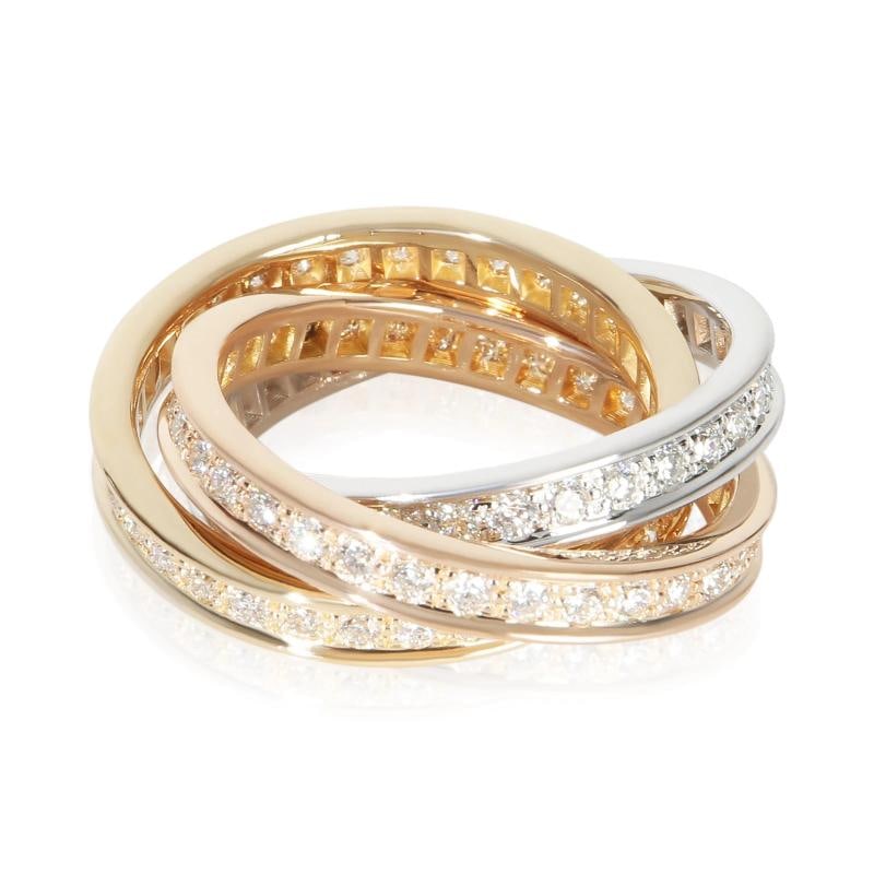 Cartier 3-Tone Gold Diamond Trinity Ring: Condition: Pre-owned - Good,Shape: Round Brilliant,With Original Box/Packaging: Yes,With Papers: Yes,Side Stone Type: Diamond,Side Stone Weight (cts): 1.50,Metal Purity: 18k,Gross Weight (grams): 11.8