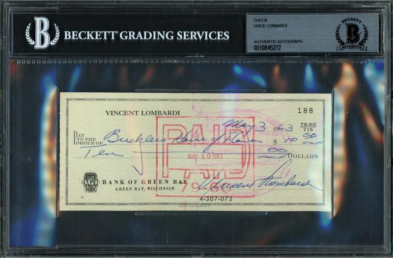 Vince Lombardi Autographed 3x6 Check Green Bay Packers Beckett BAS #10845272: Player: Vince Lombardi,Team: Green Bay Packers,Sport: Football-NFL,Product: Memorabilia,Signed: Yes,Autograph Authentication: Beckett Authentication Services (BAS),Original/Reprint: Original,Country o