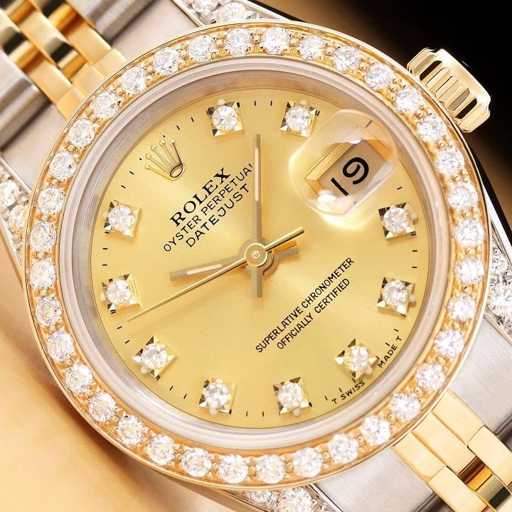 ROLEX LADIES DATEJUST 69173 18K GOLD FACTORY DIAMOND DIAL STEEL QUICKSET WATCH: Condition: Pre-owned - Excellent,Bezel Color: Gold,Max Wrist Size: 6.26-6.75 in,Number of Jewels: 29 Jewels,Indices: Diamond Markers, 12-Hour Dial, Seconds Hand,Band: Rolex Two Tone Jubilee Band,Bezel