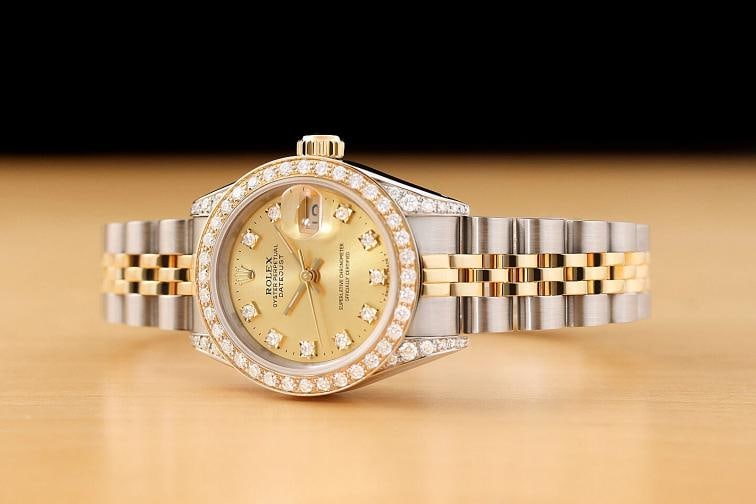 ROLEX LADIES DATEJUST 69173 18K GOLD FACTORY DIAMOND DIAL STEEL QUICKSET WATCH - 2