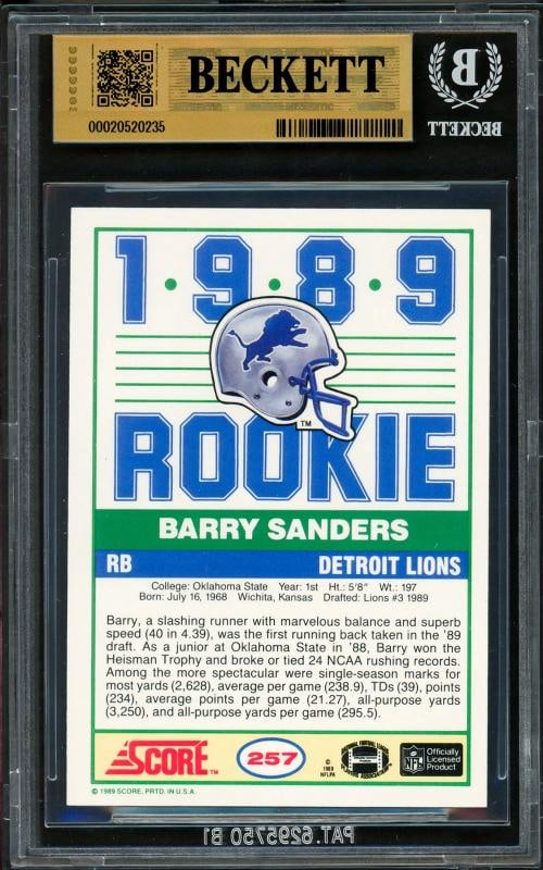 Barry Sanders Signed 1989 Score RC #257 Detroit Lions BGS 9.5 Auto GM 10 Beckett - 2