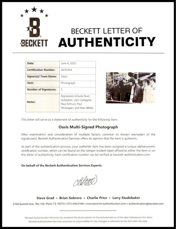 Oasis Signed 8x12 Photo Band 5 Sigs Noel & Liam Gallagher Beckett #AC95434 - 2