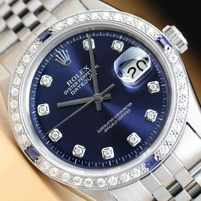 ROLEX MENS DATEJUST 1603 18K WHITE GOLD DIAMOND SAPPHIRE STEEL BLUE DIAL WATCH: Condition: Pre-owned - Excellent,Bezel Color: Silver,Max Wrist Size: 7.26-7.5 in,Number of Jewels: 26 Jewels,Indices: Diamond Markers, 12-Hour Dial, Multiple Hands,Band/Strap: Bracelet/Link Band,Case 