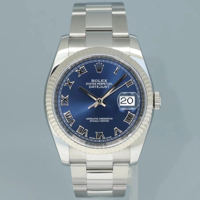 2008 PAPERS MINT Rolex DateJust Steel Blue Roman 116234 36mm Oyster Steel Watch - 2