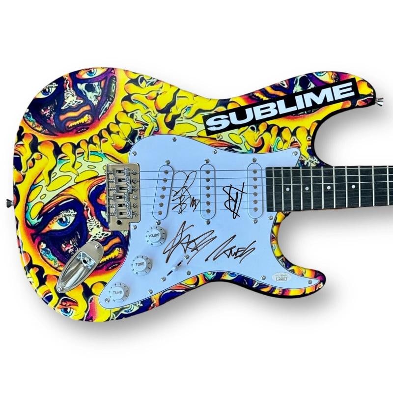 Sublime Signed Guitar Custom Graphics JSA COA Jakob Nowell Bud Gaugh Eric Wilson: Industry: Music,Signed: Yes,Autograph Authentication: James Spence (JSA),Object Type: Guitar & Guitar Pick,Original/Reproduction: Original,Country of Origin: United States Signer: Sublime Jakob