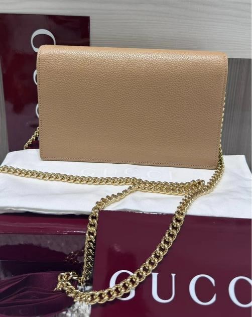 Gucci Dollar Calfskin Mini GG Marmont Chain Wallet in Beige - 4