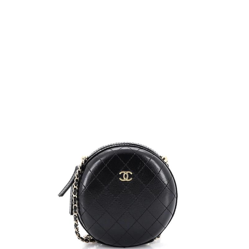 Chanel Round Chain Crossbody Bag Stitched Calfskin Small: Condition: Pre-owned - Excellent,Brand: Chanel,Exterior Material: Leather,Style: Cross Body Bags,Exterior Color: Black,Department: Women,Size: Small