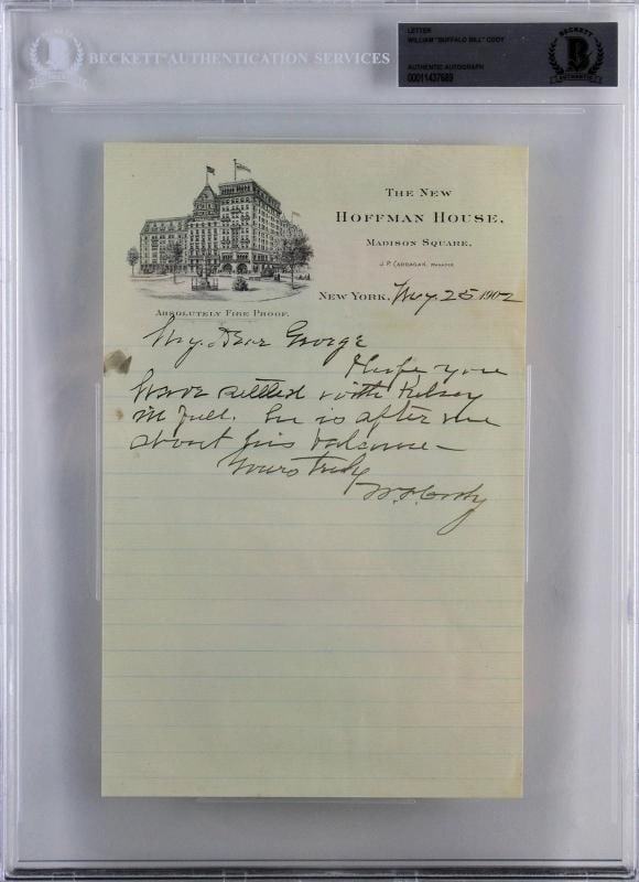 William Cody "Buffalo Bill" Signed 5.75x9 1902 Hand Written Letter BAS Slabbed: Condition: New: A brand-new, unused, unopened, undamaged item (including handmade items).New: A brand-new, unused, unopened, undamaged item (including handmade items).,Autograph Authentication: