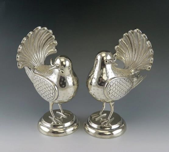 Pair of Mexican or Peruvian Whimsical Birds with Fan Tails 900 Purity Silver: Type: Figurine,Brand: Unbranded,Material: Metal,Composition: 900 Silver,Country of Origin: Mexico Pair of Mexican or Peruvian Whimsical Birds with Fan Tails 900 Purity Silver Presented is a pair of
