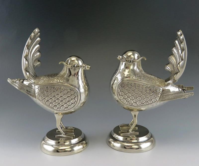 Pair of Mexican or Peruvian Whimsical Birds with Fan Tails 900 Purity Silver - 2