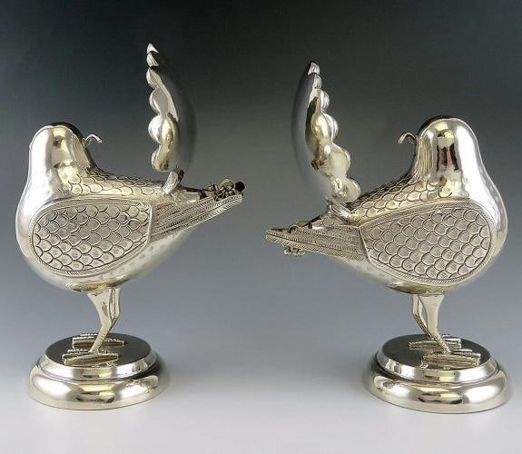 Pair of Mexican or Peruvian Whimsical Birds with Fan Tails 900 Purity Silver - 7