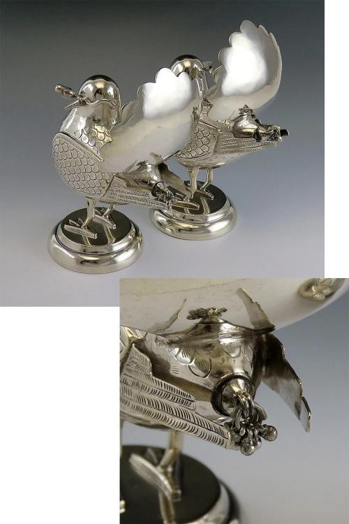 Pair of Mexican or Peruvian Whimsical Birds with Fan Tails 900 Purity Silver - 8