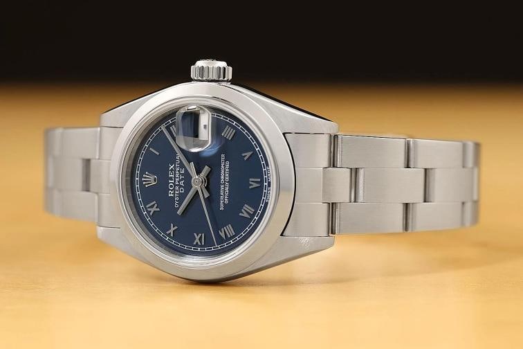 ROLEX LADIES OYSTER PERPETUAL DATE 69160 BLUE ROMAN DIAL STAINLESS STEEL WATCH - 2