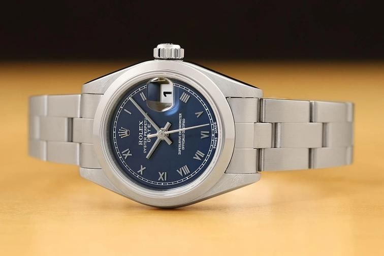ROLEX LADIES OYSTER PERPETUAL DATE 69160 BLUE ROMAN DIAL STAINLESS STEEL WATCH - 3