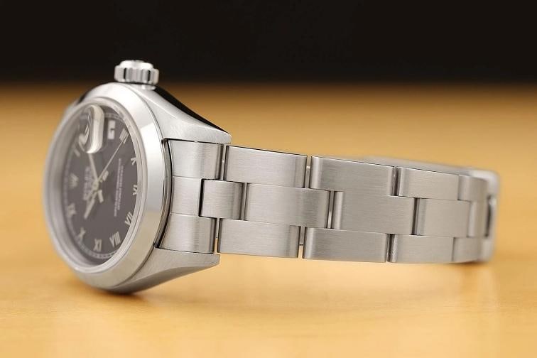 ROLEX LADIES OYSTER PERPETUAL DATE 69160 BLUE ROMAN DIAL STAINLESS STEEL WATCH - 4