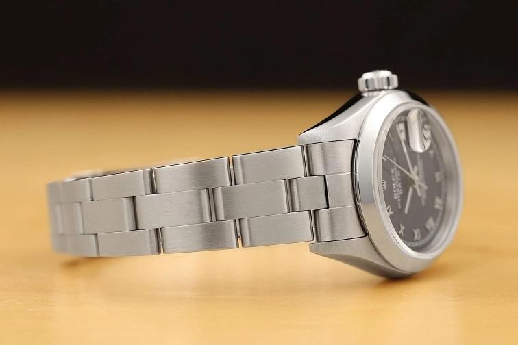 ROLEX LADIES OYSTER PERPETUAL DATE 69160 BLUE ROMAN DIAL STAINLESS STEEL WATCH - 7