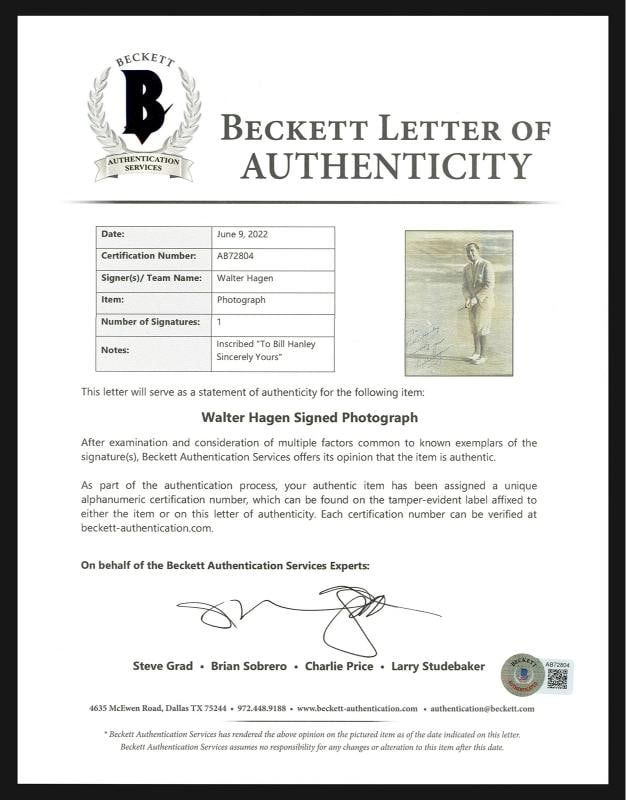 Walter Hagen Signed Framed 10x13 Photo "To Bill, Sincerely Yours" BAS - 5