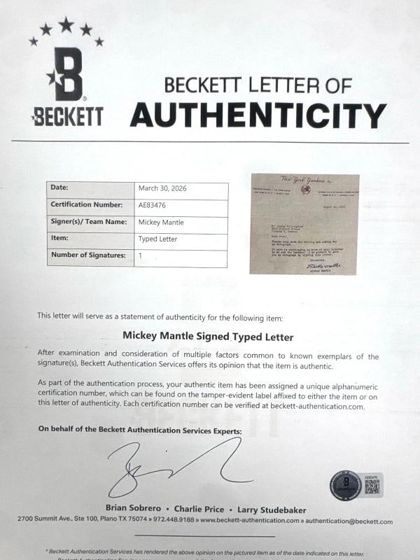 Mickey Mantle Early Career 1953 Signed New York Yankees Letter To Fan Beckett - 3