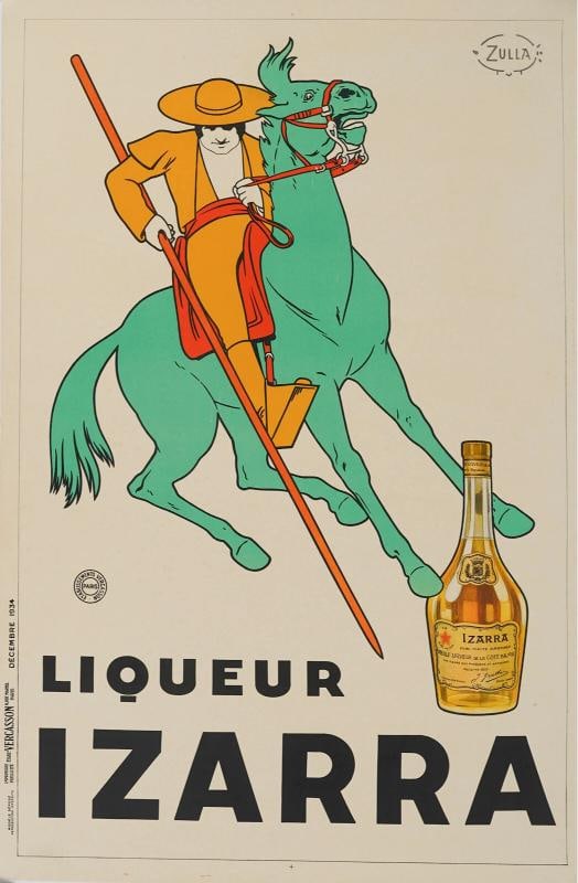 Original Vintage Poster, Zulla - Basque Izarra Liquor, Horse, Armagnac, 1934: Condition: Used,Artist: Zulla,Unit of Sale: Single-Piece Work,Signed By: Zulla,Size: Medium (up to 36in.),Signed: Yes,Color: White - Yellow - Green - Orange,Date of Creation: 1900-1949,Title: Liqueur 