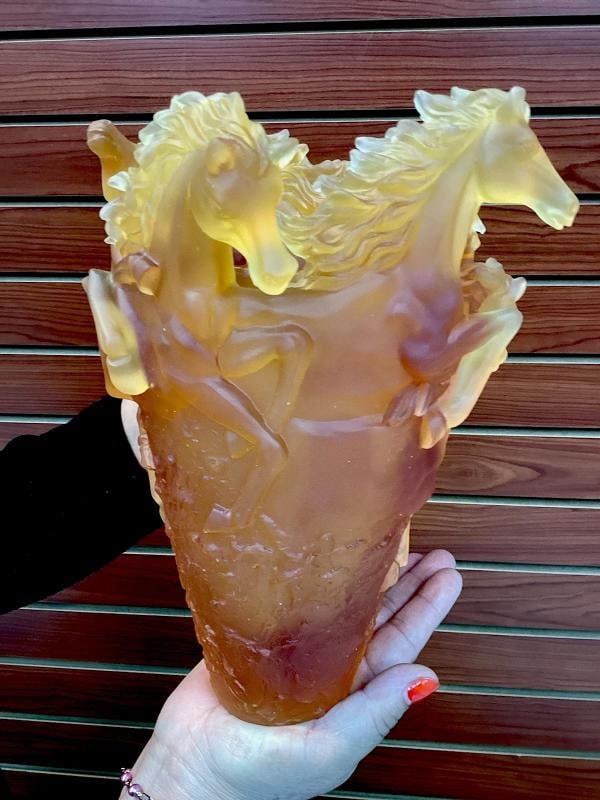 Xl crystal Horse Amber Vase H9Ã¢â‚¬Â? Heavy Art Glass Maker Unknown l - 9
