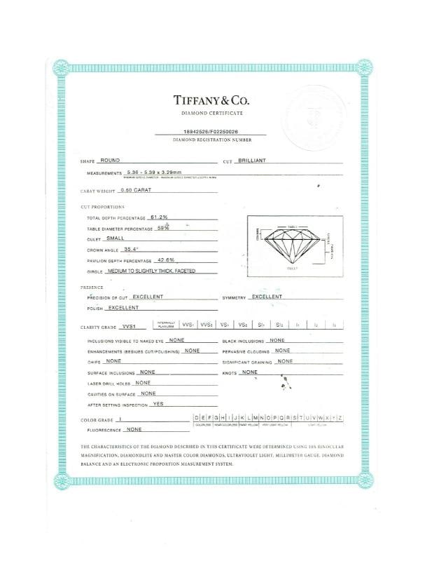 Tiffany & Co Platinum Diamond Engagement Ring Round 0.60 ct I VVS1 - 7