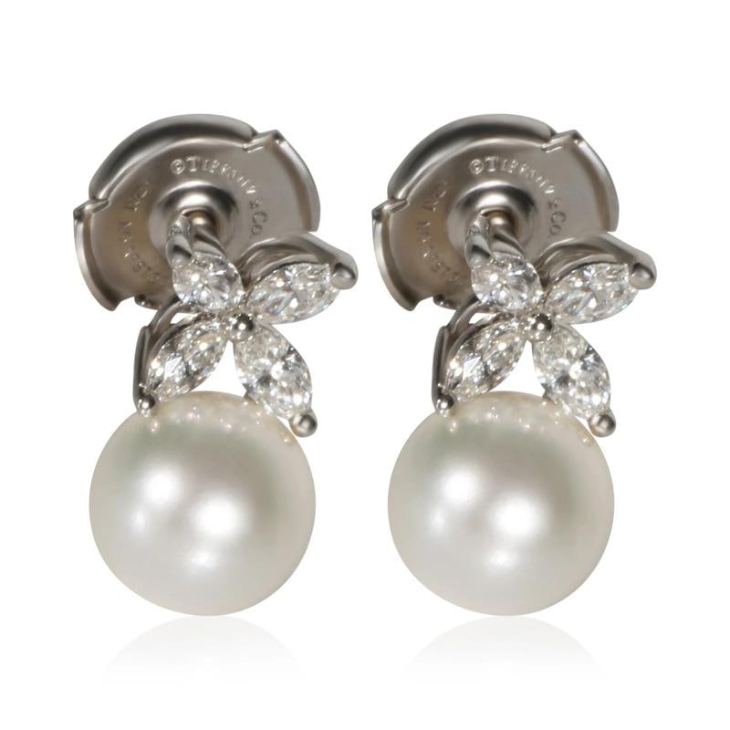 Tiffany & Co. Platinum Pearl and Diamond Victoria Earrings: Condition: Pre-owned - Good,Shape: Marquise,Item Length: 13 mm,With Original Box/Packaging: Yes,Side Stone Type: Diamond,Side Stone Weight (cts): 0.36,Main Stone: Pearl,Metal Purity: 950,With Papers: