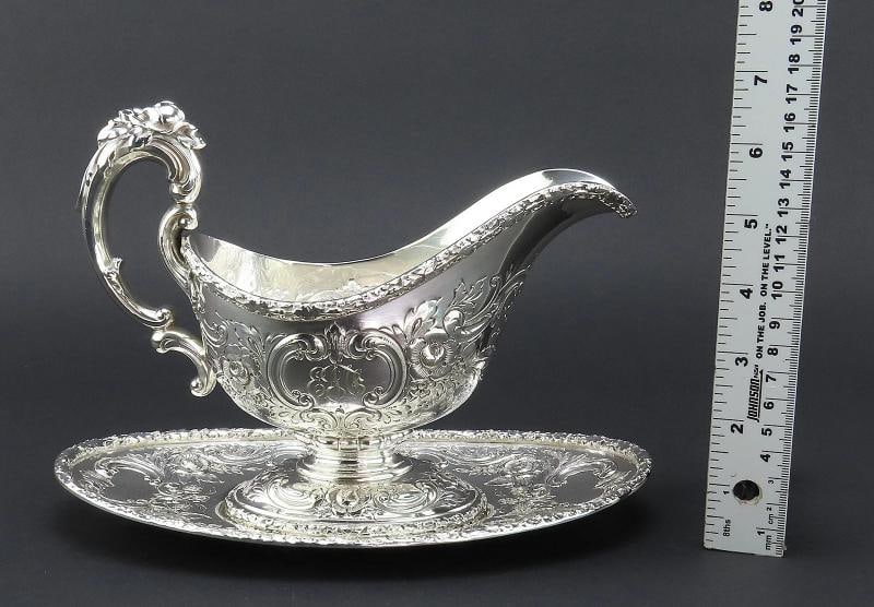 Superb Reed Barton Sterling Silver Hand Chased 575A Gravy Boat w Underplate - 7