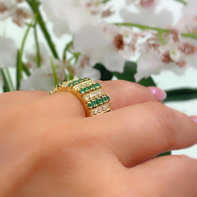 Emerald and Diamond Eternity Cocktail Ring 18K Yellow Gold - 10