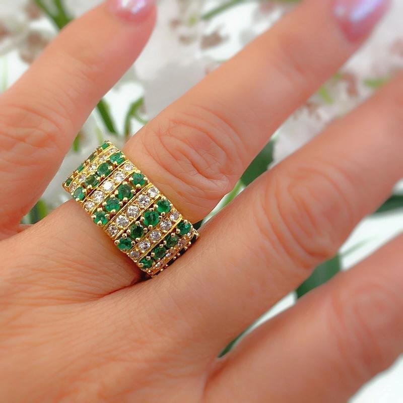 Emerald and Diamond Eternity Cocktail Ring 18K Yellow Gold - 12
