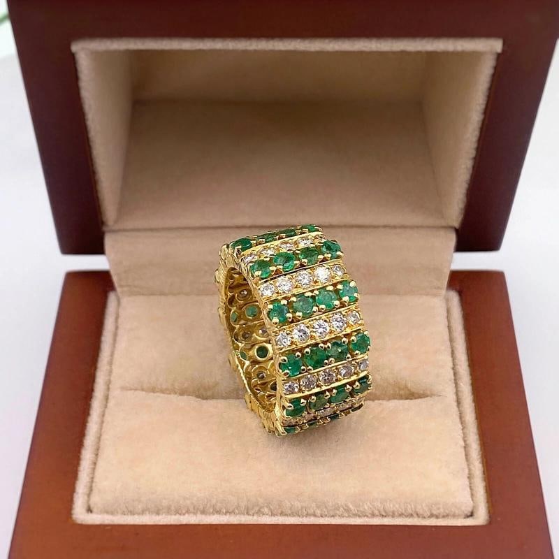Emerald and Diamond Eternity Cocktail Ring 18K Yellow Gold - 6