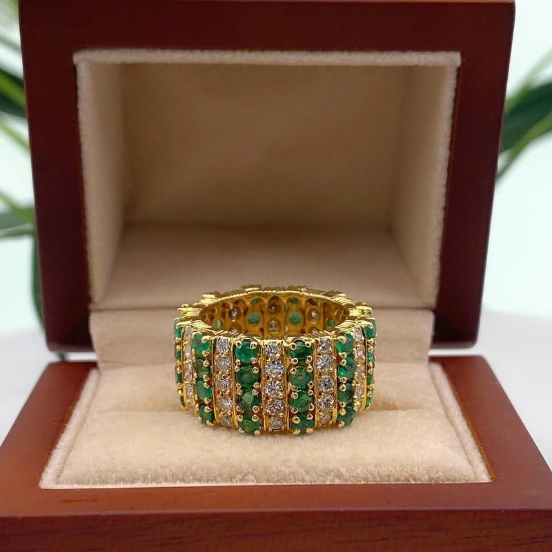 Emerald and Diamond Eternity Cocktail Ring 18K Yellow Gold - 7