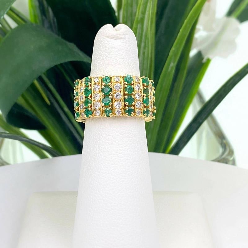 Emerald and Diamond Eternity Cocktail Ring 18K Yellow Gold - 9