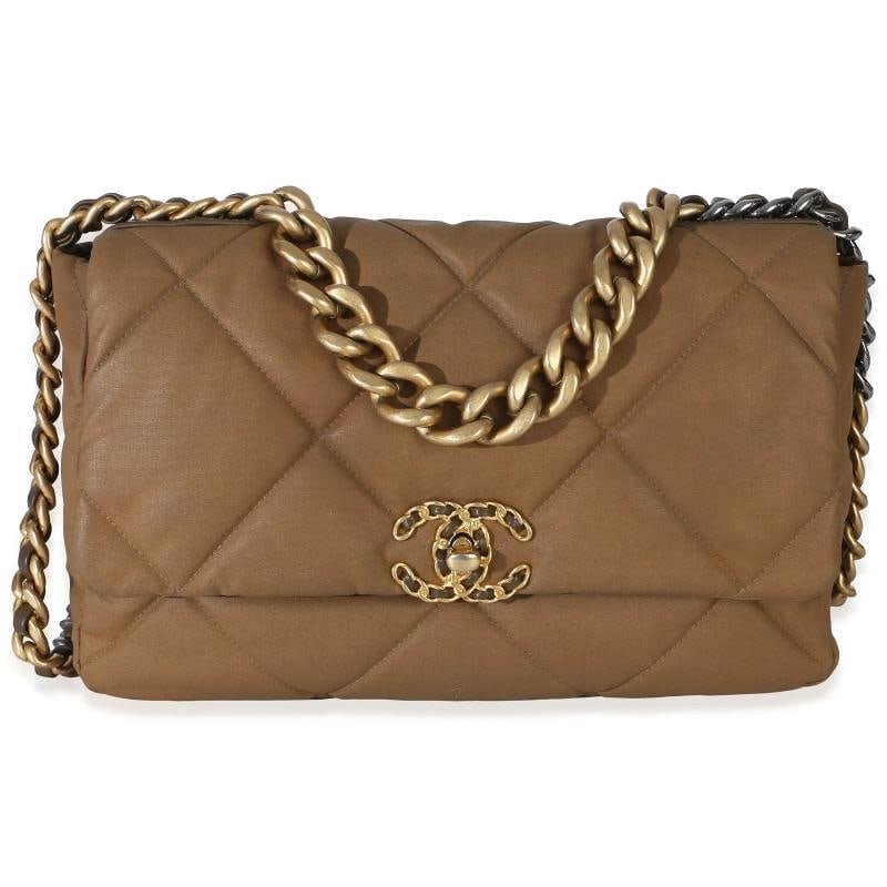 Chanel Brown Quilted Canvas Large Chanel 19 Flap Bag: Condition: Pre-owned - Good,Dimensions: 12 x 7.5 x 3.5,Handbag Accessories: None,Bag Width: 12 in,Bag Depth: 3.5 in,Bag Height: 7.5 in,Department: Unisex,Style: Crossbody Bag;Shoulder Bag;Top Handle,M