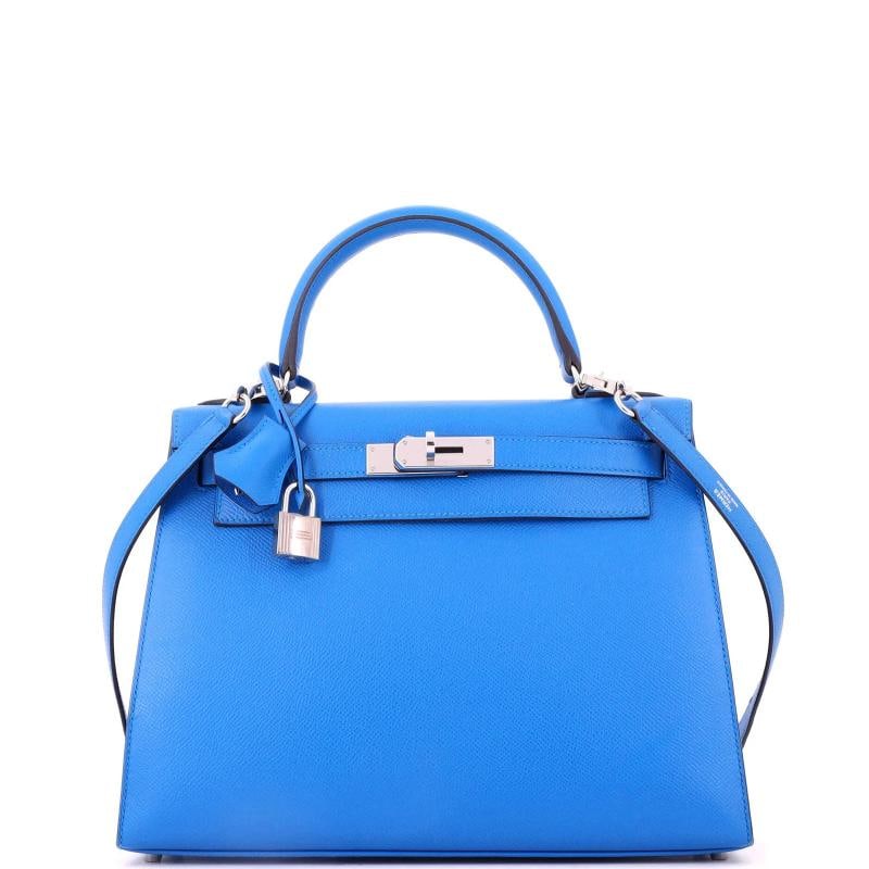 Hermes Kelly Handbag Blue Epsom with Palladium Hardware 28: Condition: Pre-owned - Good,Brand: Hermes,Exterior Material: Leather,Style: Shoulder Bags,Exterior Color: Blue,Department: Women,Size: 28,Accessories: Lock, Clochette, Keys, With Strap Condition: