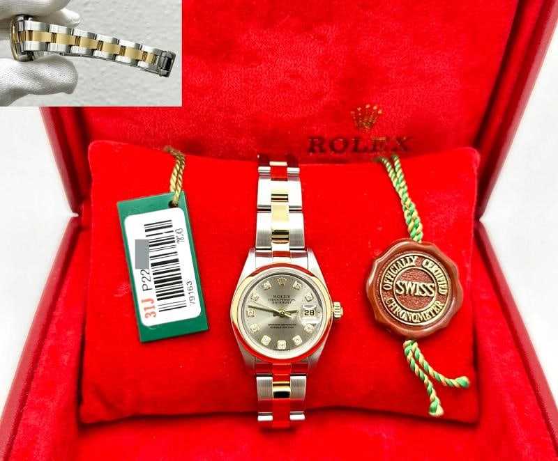 Rolex Ladies Datejust 79163 26mm Factory Silver Diamond Dial 18k Gold Steel: Style Number: 79163 Serial: P22**** Year: 2000 Model: Rolex Ladies Datejust Case Material: Stainless Steel Band: 18k Yellow Gold & Stainless Steel Bezel: 18k Yellow Gold Dial: Factory Silver Diamond D