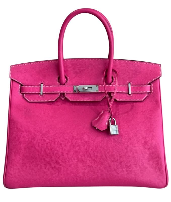 Hermes Birkin 35 Rose Tyrien Pink Epsom Leather Palladium Hardware RARE: 10"H x 13"W x 6"D. Condition: Pre-owned - Excellent,Bag Width: 13 in,Closure: Turn Lock,Handle/Strap Color: Rose,Size: Medium,Hardware Color: Silver,Bag Depth: 6 in,Fabric Type: Epsom Leather,Vintage: