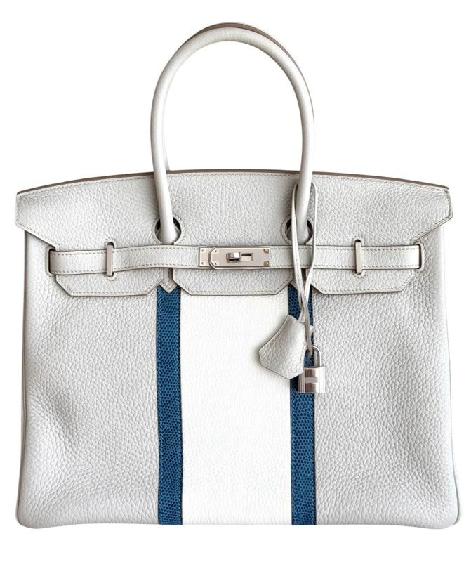 Hermes Birkin 35 Club Gris Perle White Togo Leather Lizard Palladium Hardware: 10"H x 13"W x 6"D. Condition: Pre-owned - Excellent,Bag Width: 13 in,Closure: Turn Lock,Handle/Strap Color: Gray,Size: Medium,Hardware Color: Silver,Bag Depth: 6 in,Fabric Type: Togo Leather,Vintage: