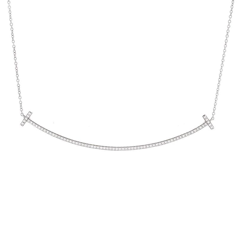Tiffany & Co. T Smile Pendant Necklace 18K White Gold with Diamonds Large: Measurements: Length: 15.75 - 17.75 ", Pendant Length: 13.75 mm, Pendant Width: 67.75 mm . Condition: Pre-owned - Good,Brand: Tiffany & Co.,Main Stone: Diamond,Metal: 18K White Gold,Metal Purity: