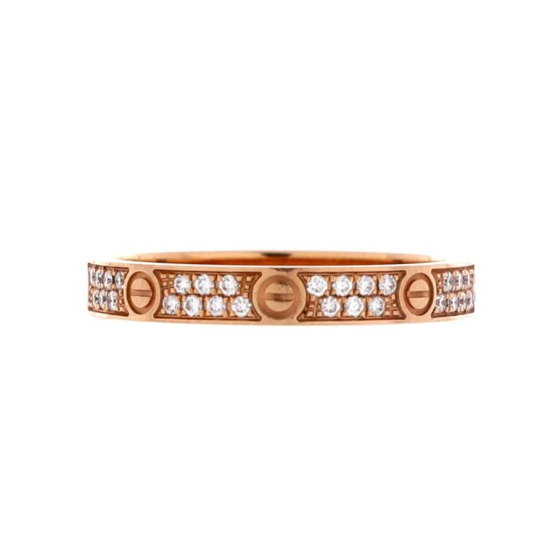 Cartier Love Wedding Band Pave Diamonds Ring 18K Rose Gold and Diamonds Small: Measurements: Size: 6.75 - 54, Width: 2.55 mm . Condition: Pre-owned - Good,Brand: Cartier,Main Stone: Diamond,Metal: 18K Rose Gold,Metal Purity: 18K,Ring Size: 6.75 - 54,Type: Ring,Color: Rose