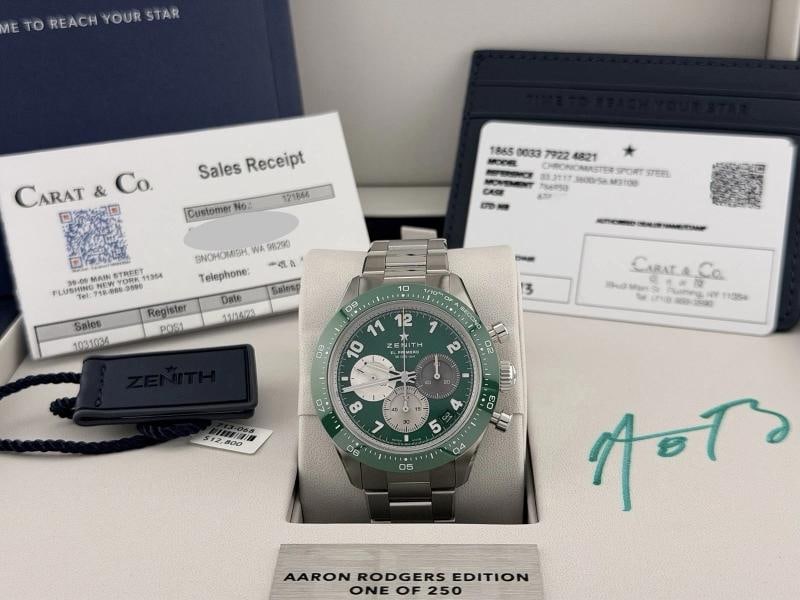 Zenith Chronomaster Sport Aaron Rodgers Green 03.3117.3600/56.M3100 Box Paper: Style Number: 03.3117.3600/56.M3100 Serial: 672*** (One Of 250) Year: 2023 Model: Zenith Chronomaster Sport - Aaron Rodgers Edition (One of 250 with autographed box!) Case Material: Stainless Steel Ba
