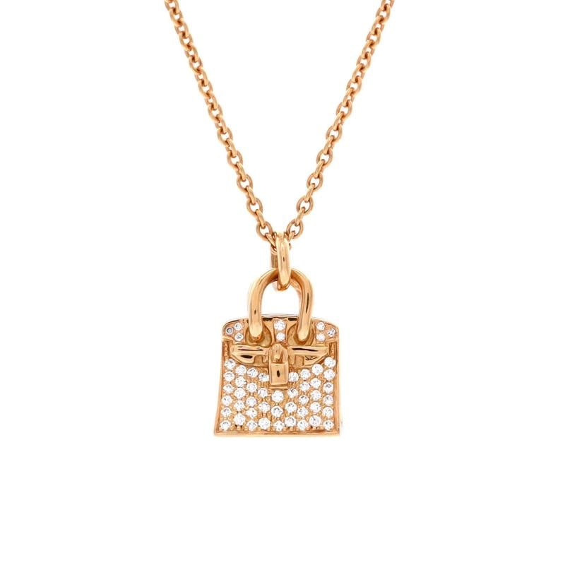 Hermes Birkin Amulette Pendant Necklace 18K Rose Gold and Diamonds: Measurements: Length: 15.0 - 15.75 ", Pendant Length: 16.00 mm, Pendant Width: 11.50 mm . Condition: Pre-owned - Good,Brand: Hermes,Main Stone: Diamond,Metal: 18K Rose Gold,Metal Purity: 18K,Style:
