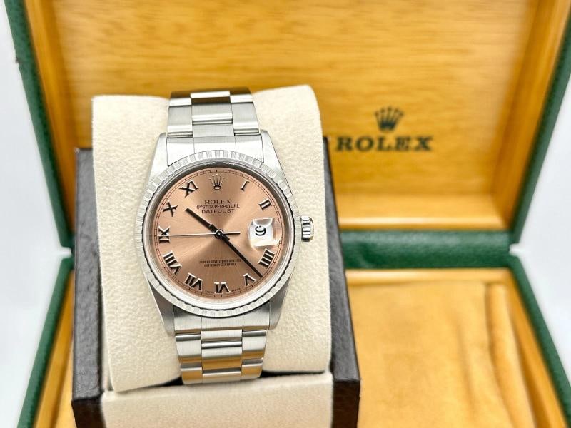 Rolex Datejust 16220 Rose Salmon Pink Roman Dial Engine Turn Steel Box Papers - 2