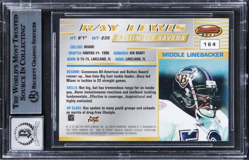 Ravens Ray Lewis "HOF 18"Signed 1996 Bowman's Best #164 RC Card Auto 10 BAS Slab - 2