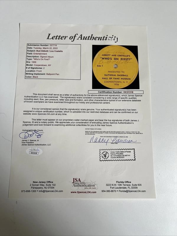 Bud Abbott & Lou Costello Signed Who's On First 1956 LP Record Framed JSA COA - 4