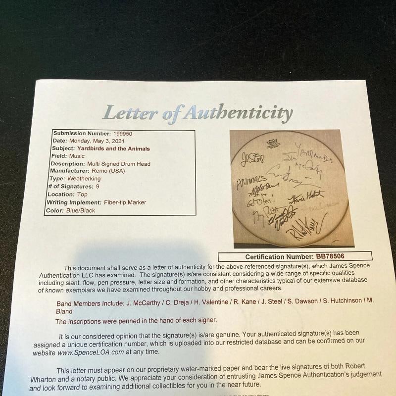 The Yardbirds & The Animals Bands Signed Drumhead JSA COA 9 Signatures - 9