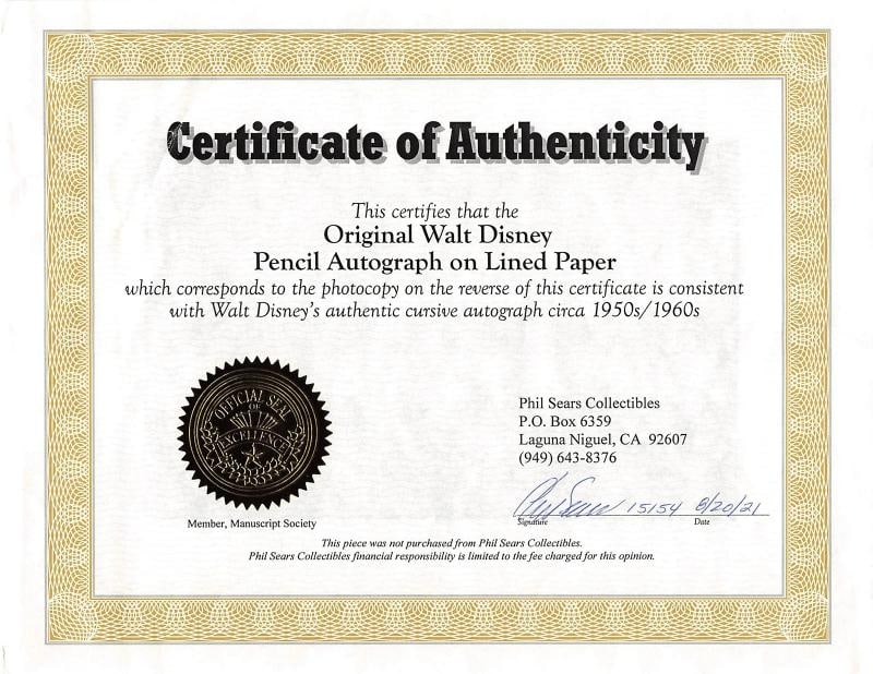 Walt Disney Authentic Signed 2.75x4.25 Cut Signature (PSA) - 3