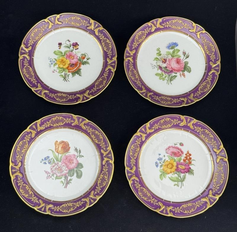 12 Antique French Paris Porcelain AndrÃƒÂ© et Cie Purple Floral Dinner Plates - 2