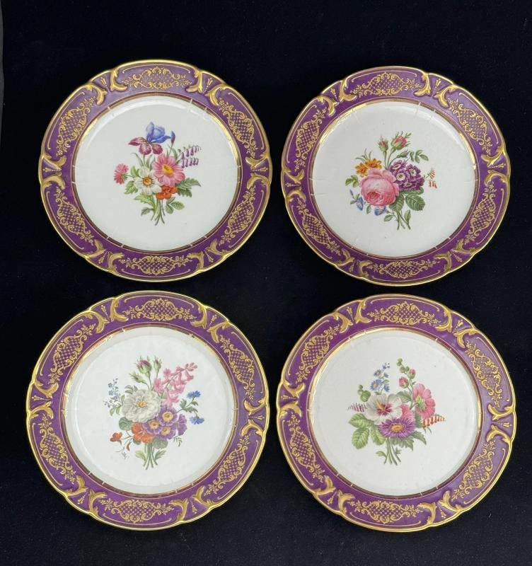 12 Antique French Paris Porcelain AndrÃƒÂ© et Cie Purple Floral Dinner Plates - 3