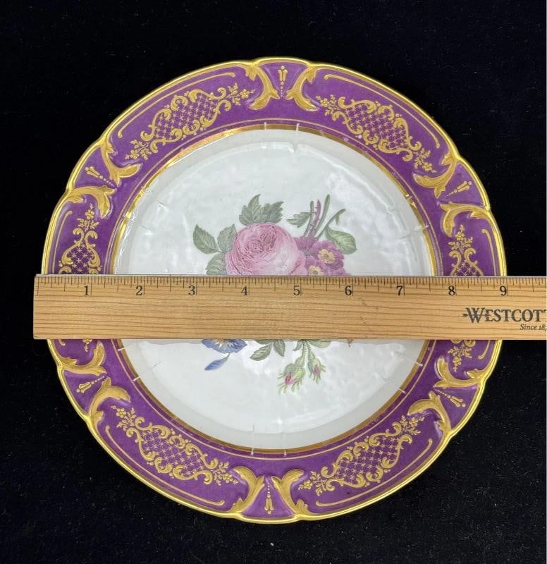 12 Antique French Paris Porcelain AndrÃƒÂ© et Cie Purple Floral Dinner Plates - 9