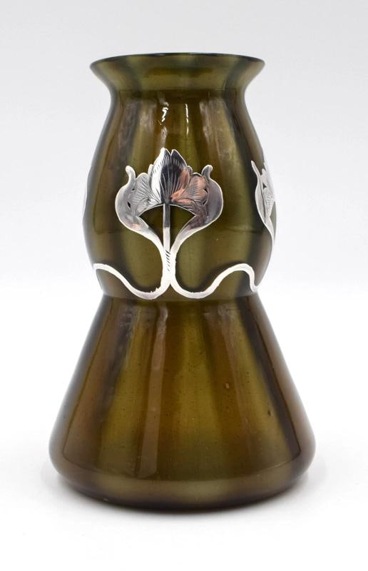 Loetz Art Glass Vase Brown Metallin Silver Overlay, Shape PNII 5184: Measures 4 7/8" high by 3 1/4" wide. . Condition: Used,Brand: Loetz,Type: Vase,Color: Silver,Model: Loetz PNII 5184,Style: Art Nouveau,Material: Glass,Production Style: Art Glass,Country of Origin:
